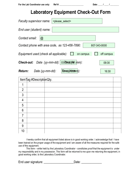 Fillable Laboratory Equipment Check-Out Form Printable pdf