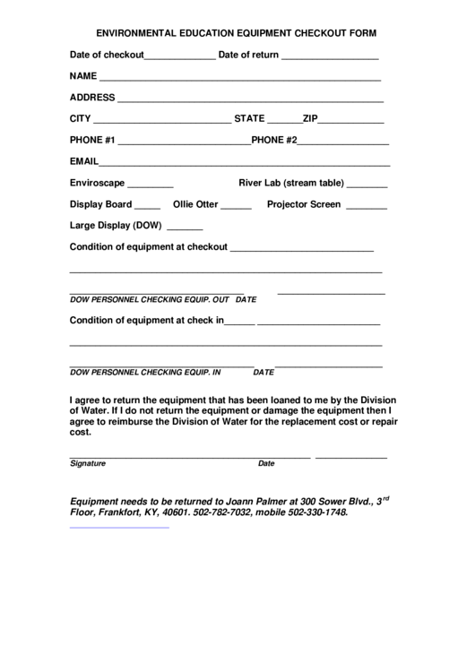 Environmental Education Equipment Checkout Form Printable pdf