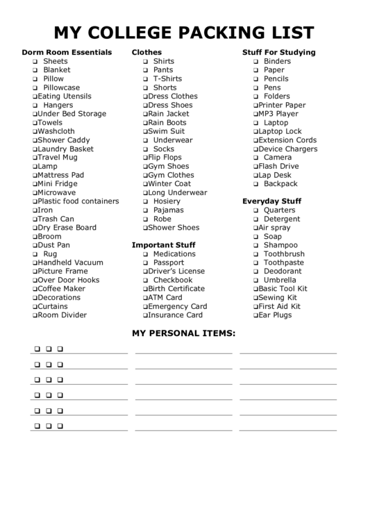 My College Packing List Printable pdf