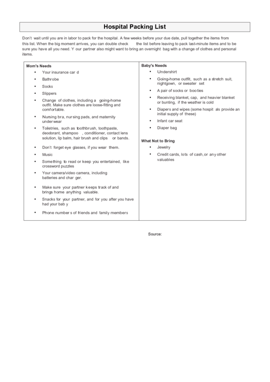 Hospital Packing List Printable pdf