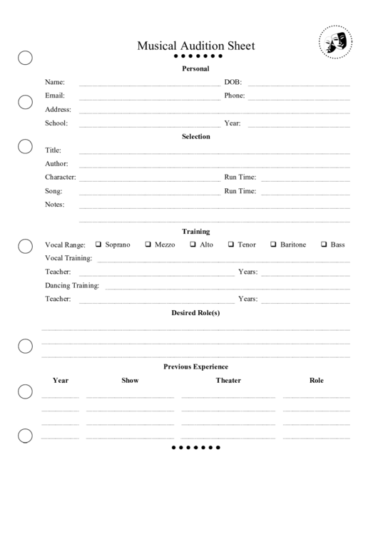 Musical Audition Sheet Template printable pdf download