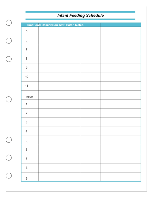 Infant Feeding Schedule Template - Perforated On Right Printable pdf