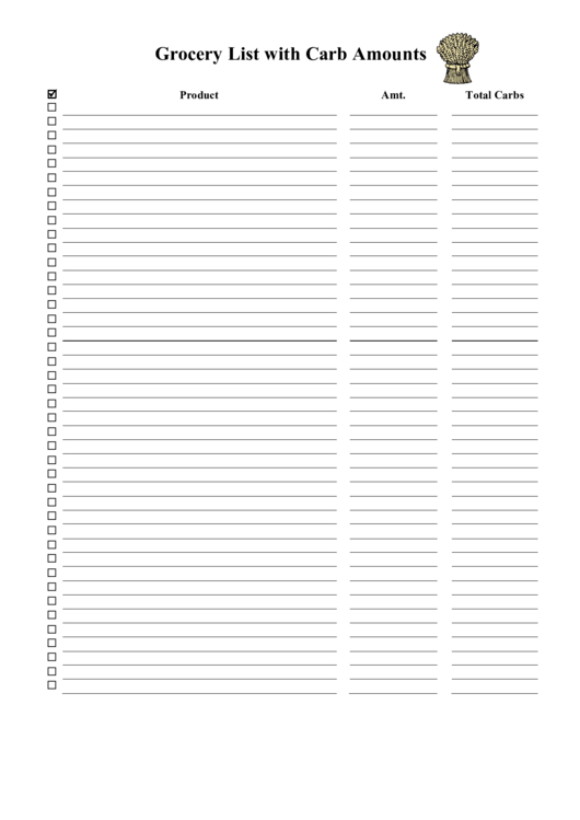 Grocery List With Carb Amounts Printable pdf