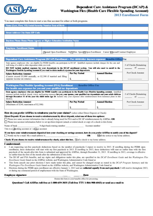 Dependent Care Assistance Program (Dcap) & Washington Flex (Health Care Flexible Spending Account) 2013 Enrollment Form Printable pdf