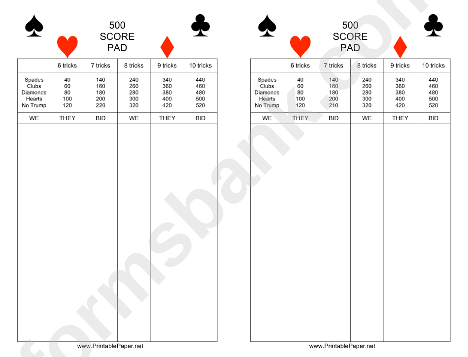 Shanghai Card Game Score Sheet