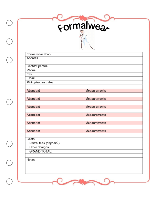 Wedding Planner - Formalwear Printable pdf