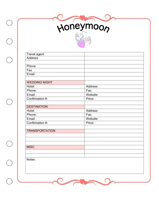 Wedding Planner Honeymoon Printable pdf