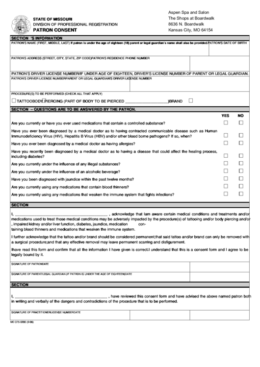 Fillable Patron Consent Form Printable pdf