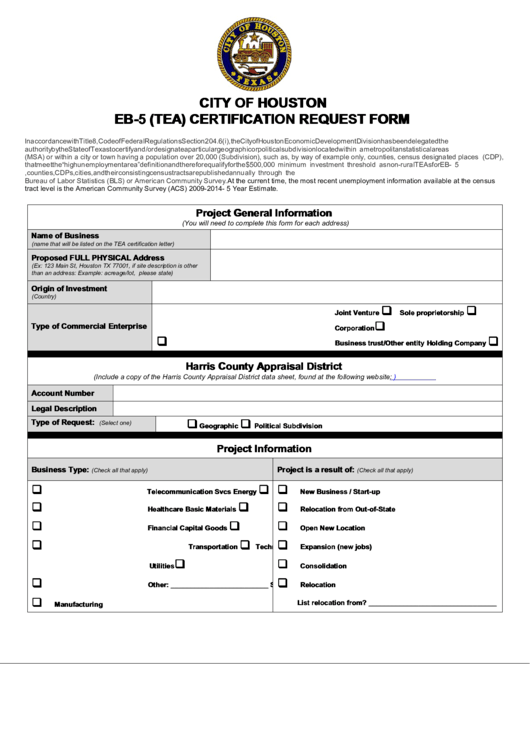Fillable City Of Houston Eb-5 (Tea) Certification Request Form Printable pdf
