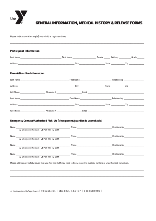 The Ymca General Information, Medical History & Release Forms Printable pdf