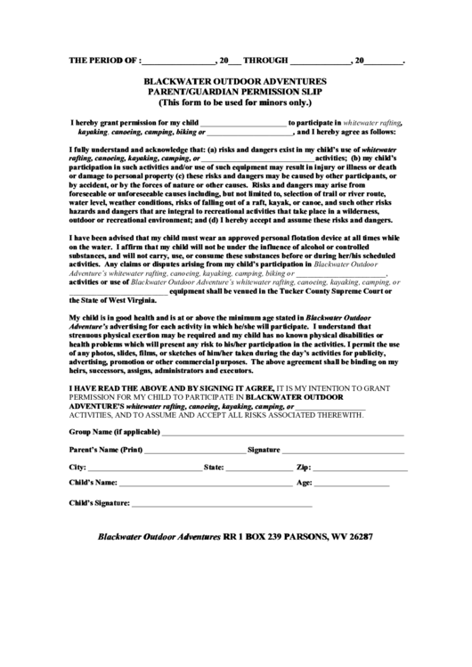 Blackwater Outdoor Adventures Parent/guardian Permission Slip Printable pdf