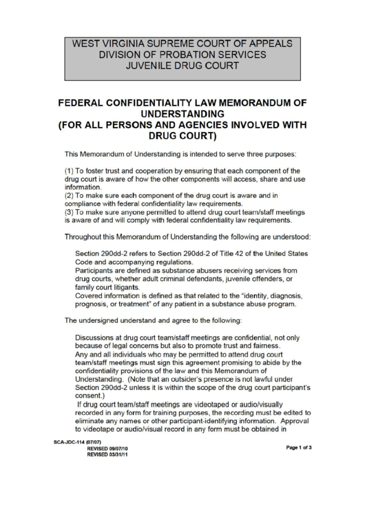 Federal Confidentiality Law Memorandum Of Understanding (for All Persons And Agencies Involved With Drug Court)