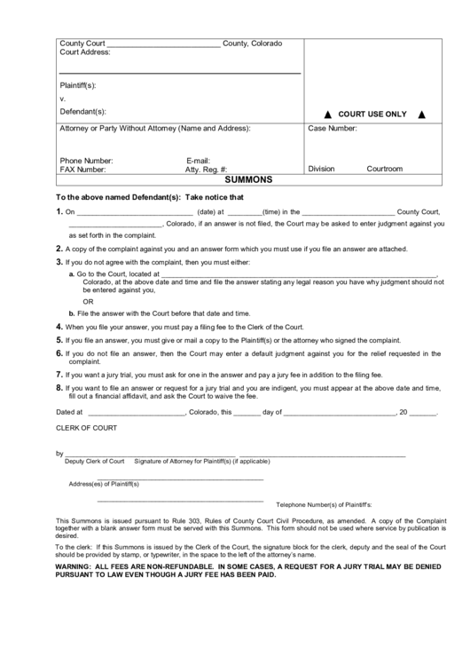 Fillable C.r.c.p. Form 1 - Summons Printable pdf