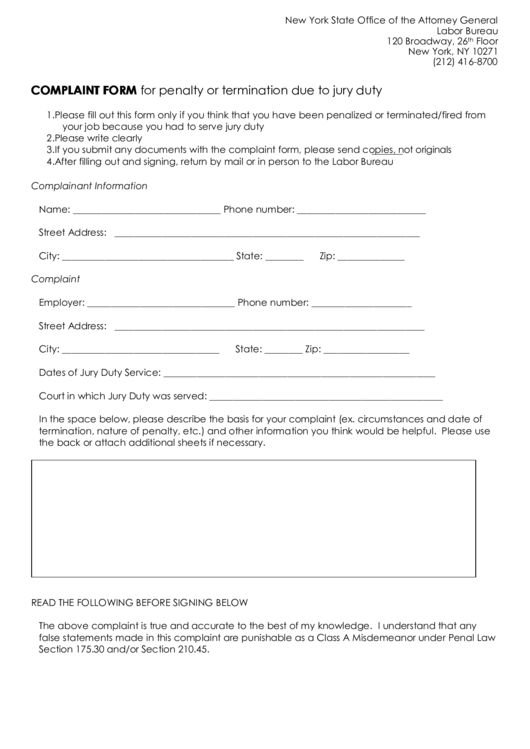Complaint Form For Penalty Or Termination Due To Jury Duty Printable pdf