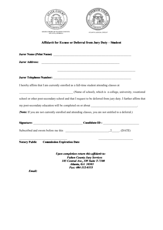 Affidavit For Excuse Or Deferral From Jury Duty - Student Printable pdf