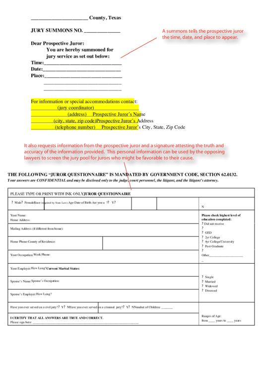 Jury Summons Juror Questionnaire Printable pdf