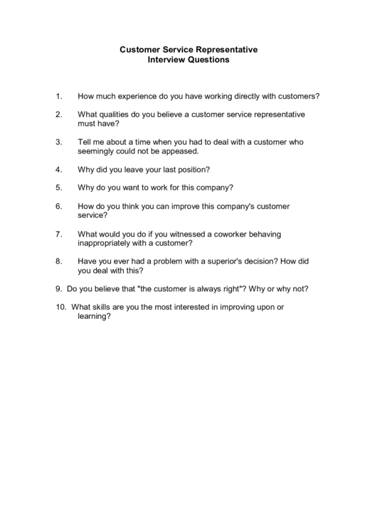 Customer Service Interview Questions Printable pdf