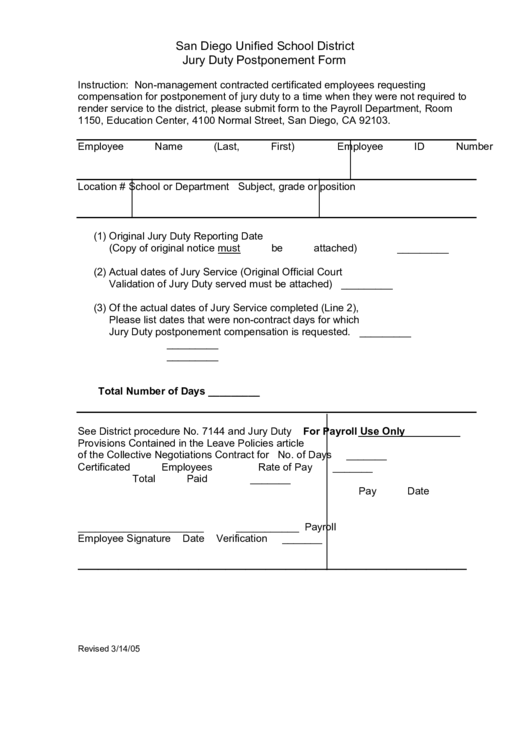 San Diego Unified School District Jury Duty Postponement Form Printable pdf
