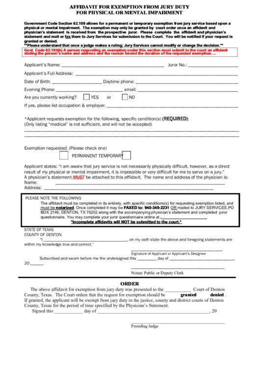 Fillable Affidavit For Exemption From Jury Duty For Physical Or Mental Impairment Printable pdf