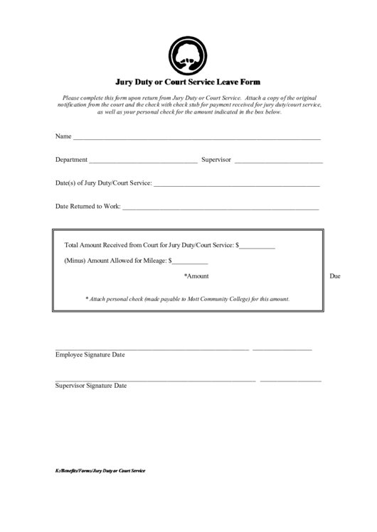 Jury Duty Or Court Service Leave Form Printable pdf