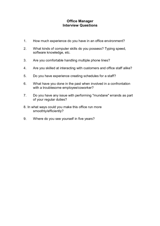 Office Manager Interview Questions Printable pdf