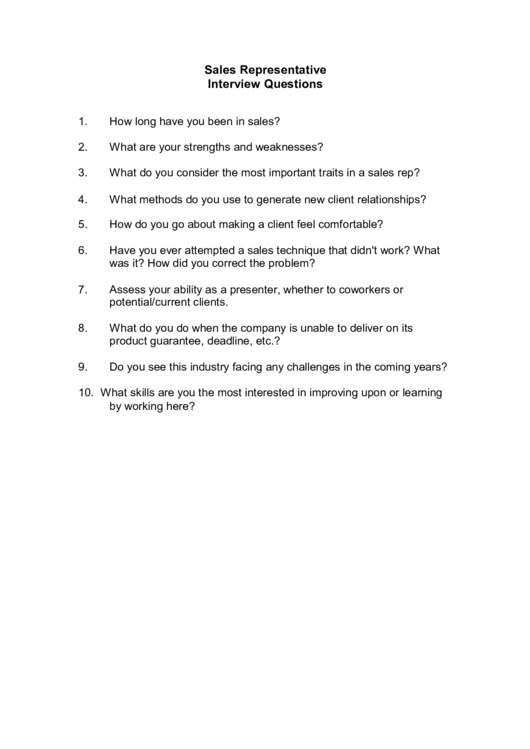 Sales Rep Interview Questions Template Printable pdf