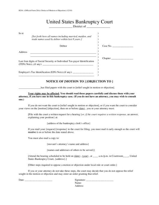 United States Bankruptcy Court - Notice Of Motion/objection Printable pdf