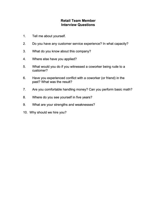 Retail Interview Questions Template Printable pdf