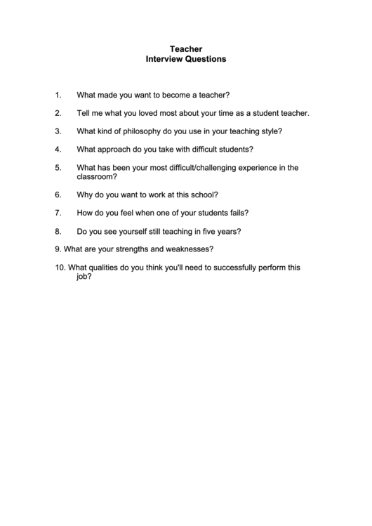 Teacher Interview Questions Printable pdf