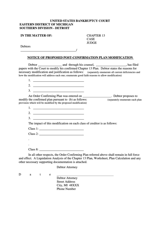 Notice Of Proposed Post-Confirmation Plan Modification Printable pdf