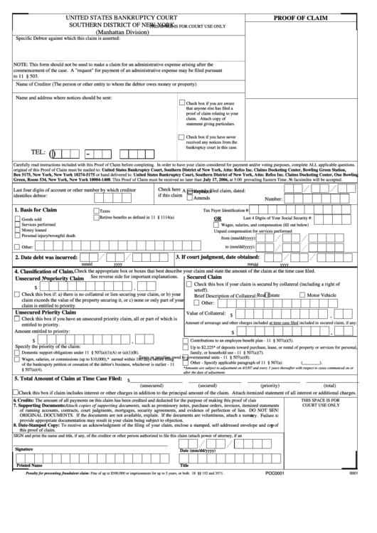 Form B10 (10/05) - Proof Of Claim - New York Printable pdf