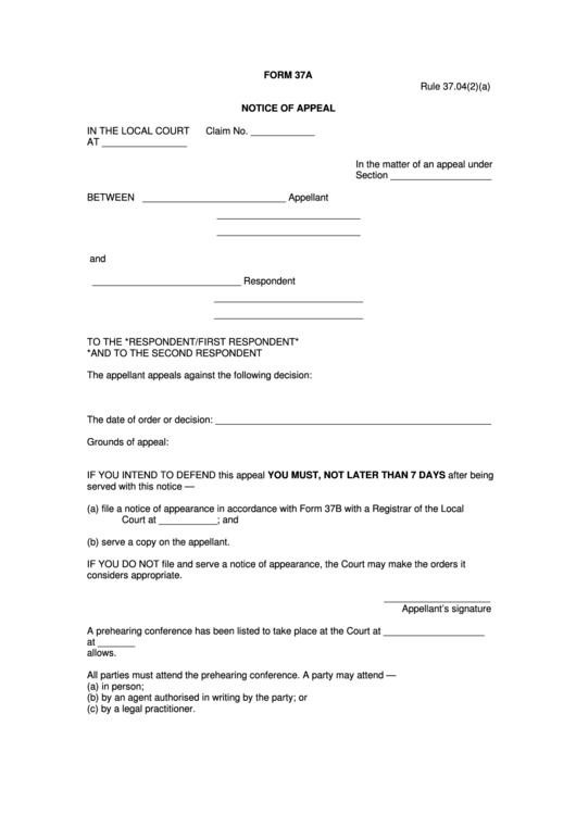 Notice Of Appeal Printable pdf