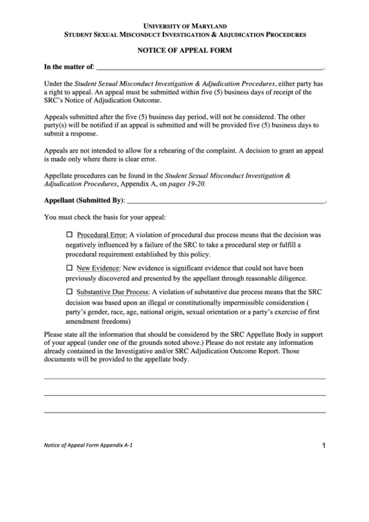 University Of Maryland Notice Of Appeal Form Printable pdf