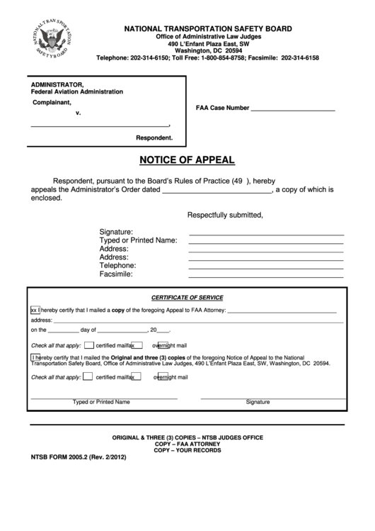 Fillable National Transportation Safety Board Notice Of Appeal Printable pdf
