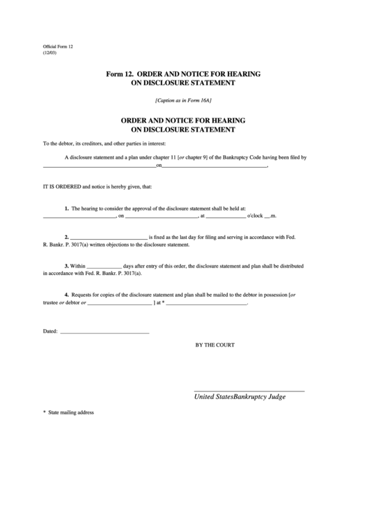Order And Notice For Hearing On Disclosure Statement Printable pdf