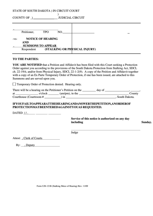 Form Ujs-121b - Notice Of Hearing And Summons To Appear (2009) Printable pdf