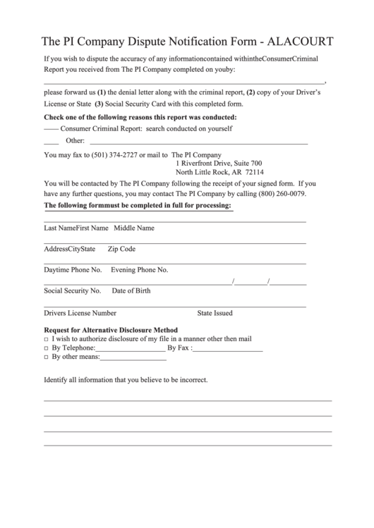 The Pi Company Dispute Notification Form - Alacourt Printable pdf