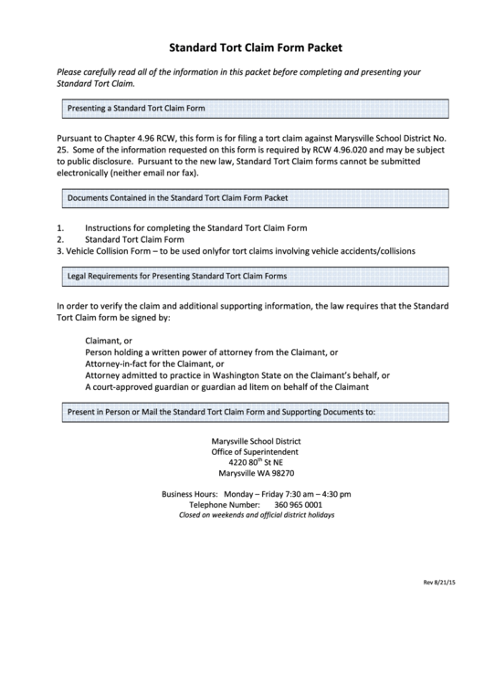 Marysville School District Standard Tort Claim Form Packet Printable pdf
