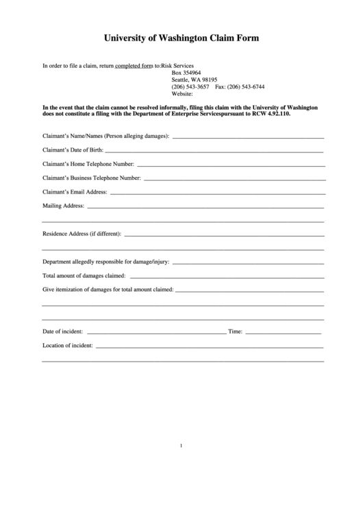 University Of Washington Claim Form Printable pdf