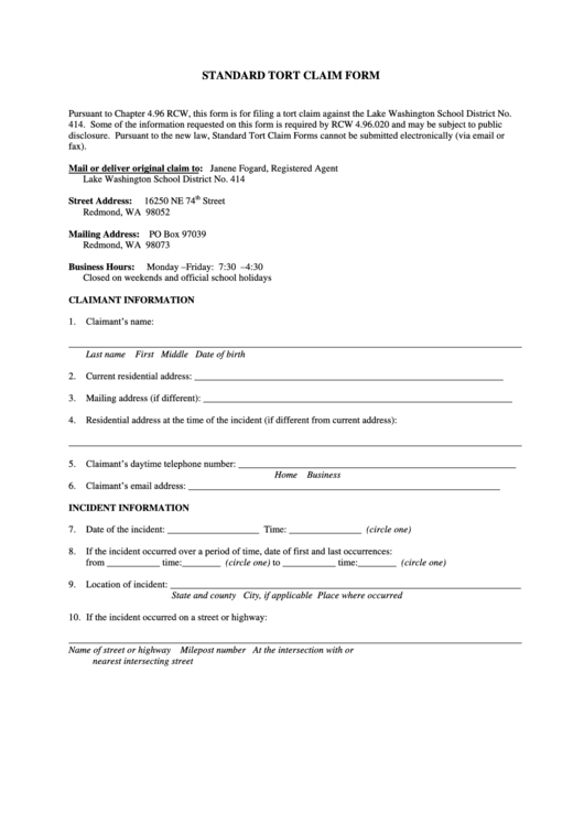 Standard Tort Claim Form Printable pdf