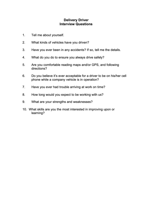 Delivery Driver Interview Questions Printable pdf