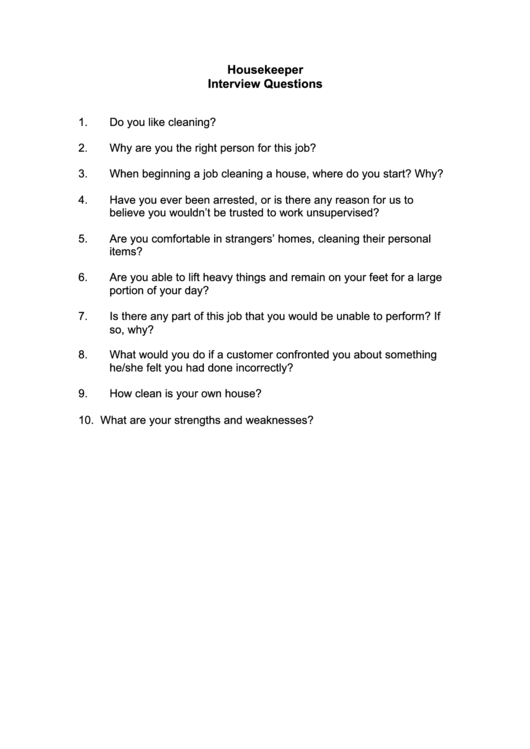 Housekeeper Interview Questions Printable pdf