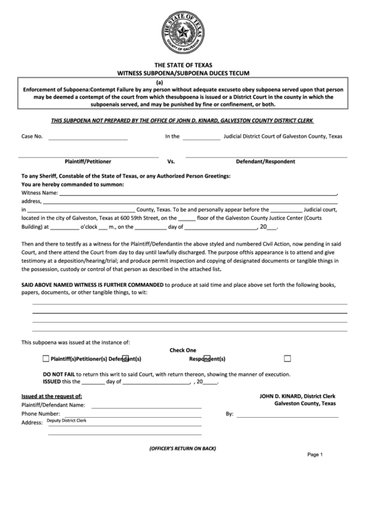 Fillable Witness Subpoena/subpoena Duces Tecum Form Printable pdf
