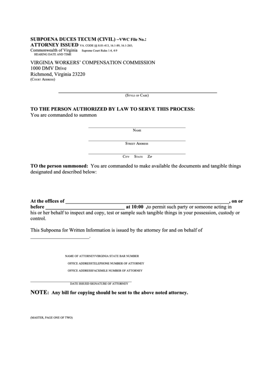 Subpoena Duces Tecum (Civil) Attorney Issued Printable pdf