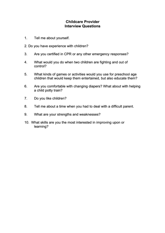 Childcare Interview Questions Printable pdf