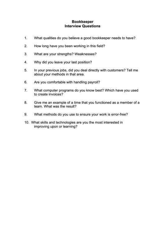 Bookkeeper Interview Questions Printable pdf
