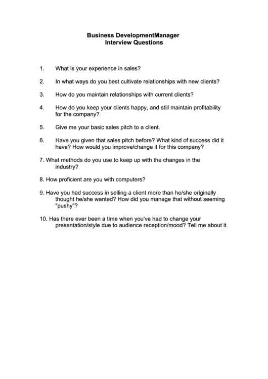 Business Development Manager Interview Questions Printable pdf
