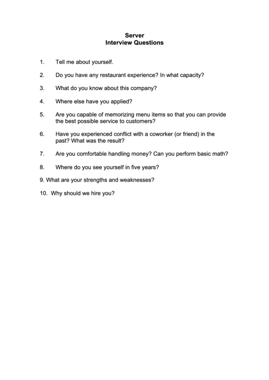 Server Interview Questions Template Printable pdf