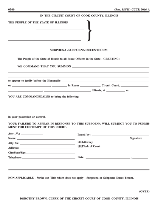 Fillable Form Cccr 0066 A - Subpoena - Subpoena Duces Tecum Printable pdf