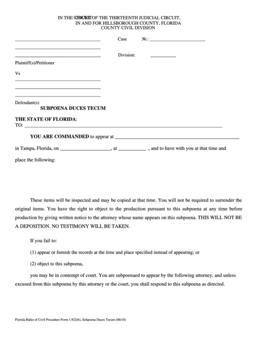 Fillable Form 1.922(B) - Subpoena Duces Tecum Printable pdf